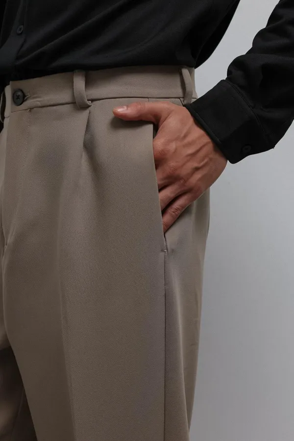 Antioch Beige Relax Fit Baggy Pleated Men's Trousers