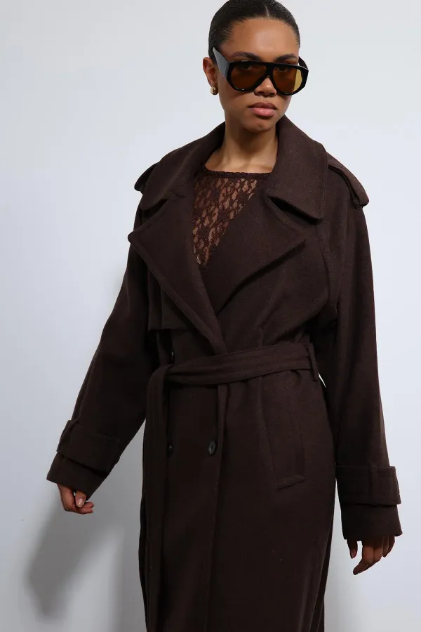 Antioch Kahve Oversize Kemerli Kaban