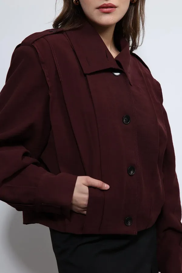 Antioch Burgundy Pleated Detail Stand Collar Coat