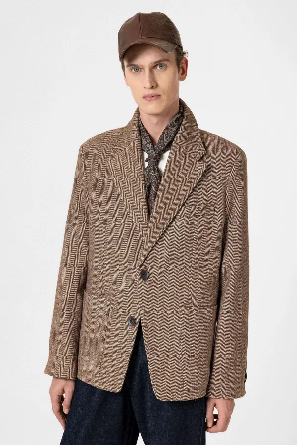 Antioch Kahve Balıksırtı Desenli Oversize Erkek Blazer Ceket