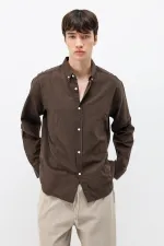 Basic Oversize Pamuk  Keten Gömlek Kahve