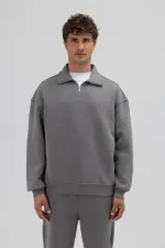 Oversize Fermuarlı Dik Yaka Sweatshirt Füme