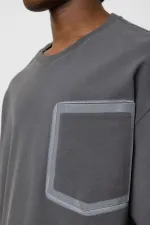 Bisiklet Yaka Cepli Oversize Tişört Füme