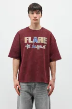 Baskılı Oversize Tişört Bordo