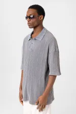 Polo Yaka Oversize Triko Gri