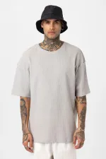 Arka Yazı Baskılı Oversize Triko Tişört Gri