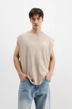 Printed Sleeveless Oversize T-Shirt Beige
