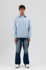 Basic Zip-Up Stand-Up Collar Sweatshirt Baby Blue
