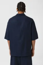 Double Pocket Oversize Linen Shirt Navy Blue