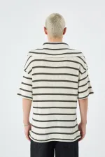 Oversize Çizgili Fermuarlı Yaka Triko Tişört Haki