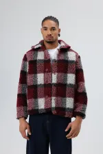 Oversize Peluş Ekose Ceket Bordo