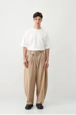 Barrel Fit Tailored Fit Kemerli Pantolon Bej