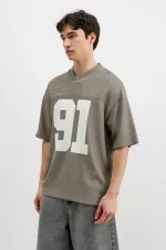 Baskılı Fitilli Oversize Tişört Haki