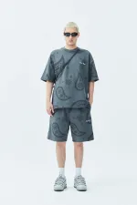 Oversize Desenli Şort Tişört Takım Koyu Füme