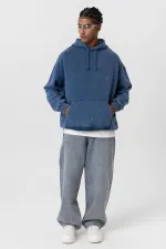 Premıum Yıkamalı Kapüşonlu Oversize Sweatshirt Koyu İndigo