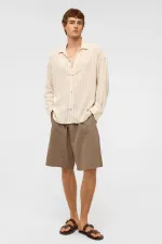 Oversize Uzun Kollu Çizgili Keten Gömlek Vizon