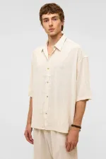 Oversize Çizgili Kısa Kollu Keten Gömlek Beyaz