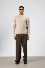 Oversize Yumuşak Dokulu Bisiklet Yaka Kazak Bej