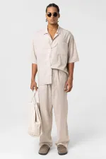 Double Pocket Oversize Linen Shirt, Beige