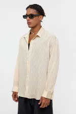 Oversize Çizgili Uzun Kollu Gömlek Bej