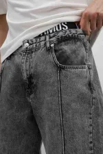 Dikiş Detaylı Relaxed Fit Jean Gri