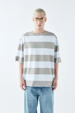 Digitally Printed Striped 100% Cotton Oversize T-Shirt, Khaki