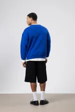 Oversize Bisiklet Yaka Baskılı Sweatshirt Saks