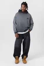 Premium Washed Oversize Hooded Sweatshirt with Text Detail, Black