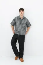 Checked Short-Sleeved Oversize Shirt, Khaki