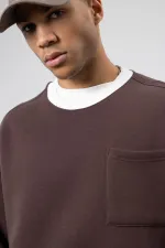 Sweat-shirt oversize à col rond avec poche, marron