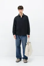 Dokulu Pamuklu Oversize Gömlek Siyah