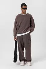 Premıum Yıkamalı Yırtık Detaylı Oversize Eşofman Takım Kahve