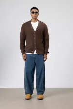 V Yaka Düğmeli Örgü Hırka Kazak Vizon