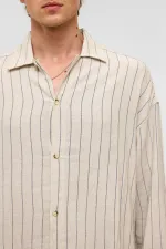 Oversize Long-Sleeved Striped Linen Shirt Indigo