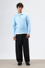 Polo Collar Soft Textured Knit Sweater Baby Blue