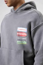 Oversize Yıkamalı Baskılı Kapüşonlu Sweatshirt Füme