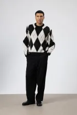 Baklava Desenli Oversize Kazak Siyah