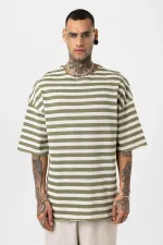 T-shirt rayé oversize en maille kaki