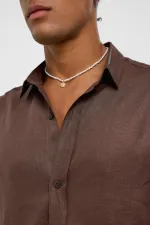 100% Linen Oversize Long-Sleeve Shirt, Coffee