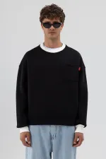 Crew Neck Oversize Sweatshirt with Pocket Detail, Black