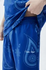 Oversize Desenli Şort Tişört Takım Saks