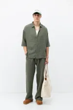 Müslin Kumaş Rahat Kalıp Keten Takım Haki
