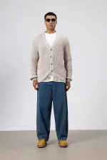 V Yaka Düğmeli Örgü Hırka Kazak Koyu Taş