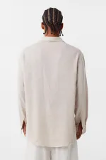 Basic Oversize Uzun Kollu Keten Gömlek Bej
