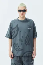 Oversize Desenli Şort Tişört Takım Koyu Füme