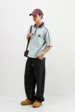 Fermuarlı Yaka Baskılı Oversize Tişört Bebe Mavi