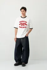 Baskılı Bisiklet Yaka Oversize Tişört Ekru