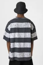 Yıkamalı Şeritli Oversize Tişört Gri - Beyaz