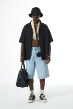 Yıkamalı Oversize Arka Baskılı Kısa Kol Cepsiz Gömlek Siyah