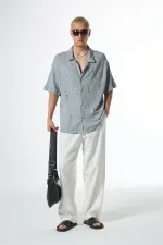 Oversize Deliklı Triko Gömlek Gri